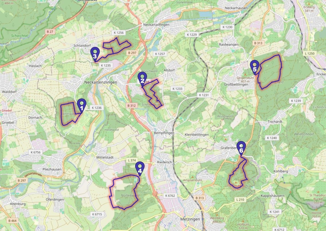 Übersichtskarte über gute Waldspaziergänge mit Hund rund um Neckartenzlingen, Altenriet, Schlaitdorf, Grafenberg, Großbettlingen