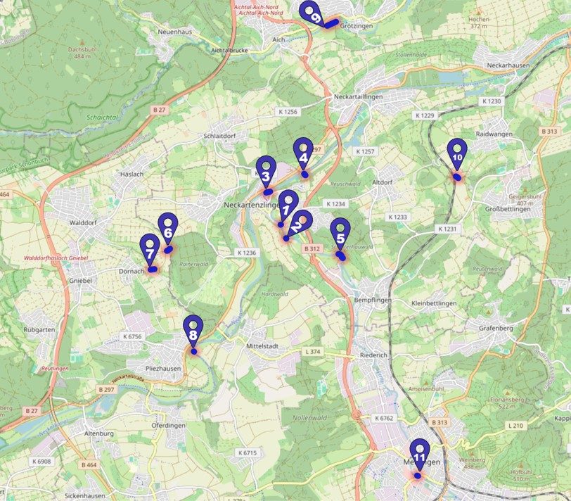 Übersichtskarte über gute Badestellen mit Hund rund um Neckartenzlingen, Altenriet, Schlaitdorf, Grafenberg, Großbettlingen Übersichtskarte über gute Badestellen mit Hund rund um Neckartenzlingen, Altenriet, Schlaitdorf, Grafenberg, Großbettlingen